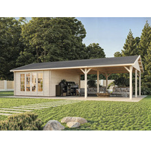 Gartenhaus mit Terrasse und Grillplatz im Garten.