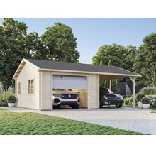 Holzgarage mit Carport und zwei parkenden Autos