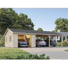 Geräumige Garage mit Carport aus Holz mit drei geparkten Autos