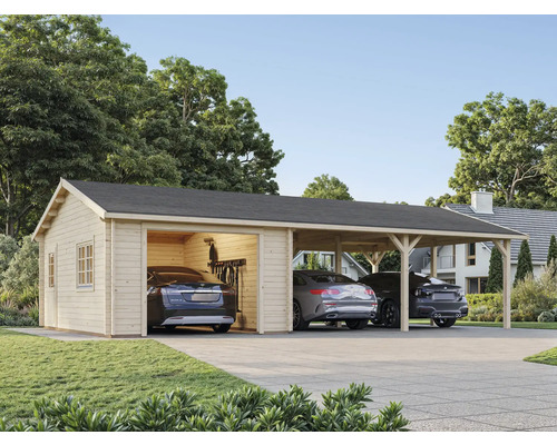 Garage en bois avec abri voiture pour trois voitures