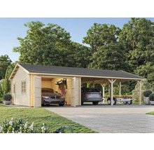 Holzgarage mit Carport und zwei Autos sowie Anhänger auf einem Grundstück