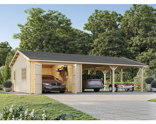 Einzelgarage Palmako Roger 19,0+33,2 m² mit Holztor 1006 x 619 cm tauchgrundiert Holzgarage mit Carport und zwei Autos sowie Anhänger auf einem Grundstück