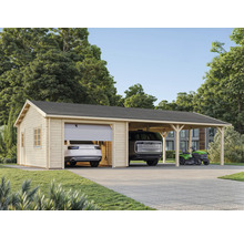 Doppelgarage mit Carport aus Holz mit zwei Autos und einem Rasentraktor