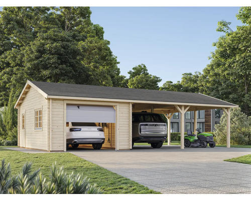 Einzelgarage Palmako Roger 19,0+33,2 m² mit Sektionaltor 1006 x 619 cm tauchgrundiert Doppelgarage mit Carport aus Holz mit zwei Autos und einem Rasentraktor