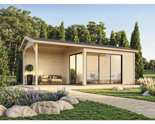 Gartenhaus Palmako Amanda 11,2+7,8 m² Slide inkl. Fußboden 712 x 340 cm tauchgrundiert Gartenhaus aus Holz mit überdachter Terrasse und Schiebetüren