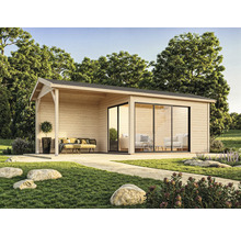 Abri de jardin en bois avec portes coulissantes et terrasse couverte dans le jardin