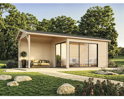 Holz Gartenhaus mit Schiebetüren und überdachter Terrasse im Garten