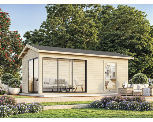 Gartenhaus Palmako Amanda 17,1 m² Slide Plus inkl. Fußboden 639 x 340 cm tauchgrundiert Holzgartenhaus mit Schiebetüren und Fenster im Garten
