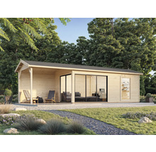 Abri de jardin moderne en bois avec terrasse et grandes fenêtres