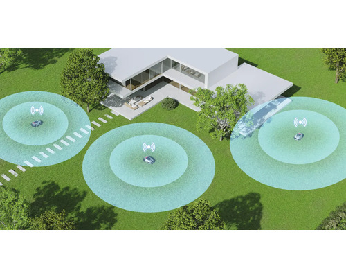Vue de dessus de trois robots tondeuses à gazon sur une pelouse devant une maison d''habitation, chacun entouré d''un cercle bleu.