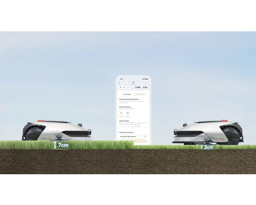 Deux robots tondeuses avec une application smartphone pour régler la hauteur de coupe.