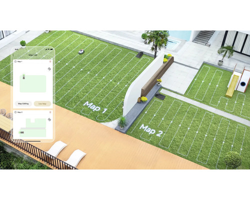 Vue d''un jardin avec un robot tondeuse, commandé par une application smartphone, présentant différentes zones de tonte.