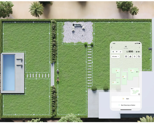Vue de dessus d''un jardin avec pelouses, piscine, terrasse et smartphone avec une application pour contrôler un robot tondeuse.