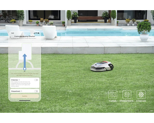 Robot tondeuse avec application smartphone pour le réglage du sens de tonte sur une pelouse