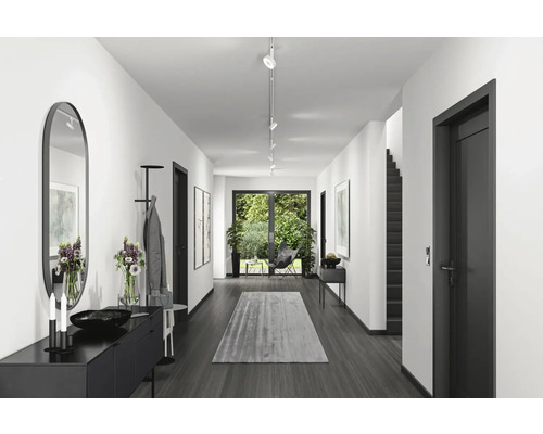 Heller Flur mit Spiegel, Kommode, Garderobe, Teppich und Tür