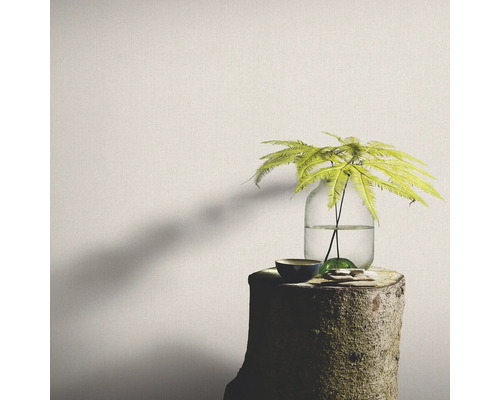 Dekorative Tapete im Innenraum mit Farn in Vase und Schale auf Baumstumpf
