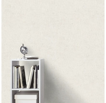 Helle Wand mit Putzstruktur neben einem Bücherregal mit Dekorationsgegenständen