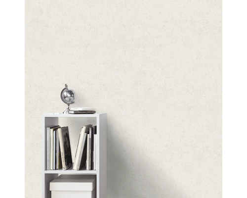 Helle Wand mit Putzstruktur neben einem Bücherregal mit Dekorationsgegenständen