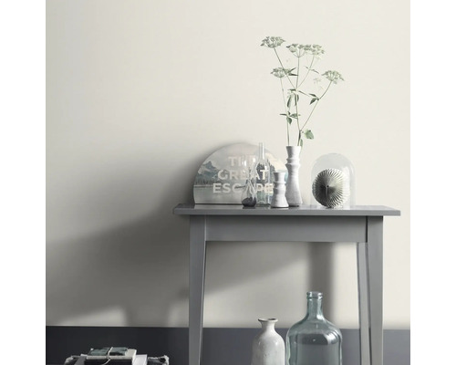 Dekoratives Arrangement auf einem grauen Tisch mit Vase und Zimmerpflanze.