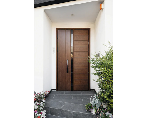 Porte d''entrée en bois avec partie latérale et marches