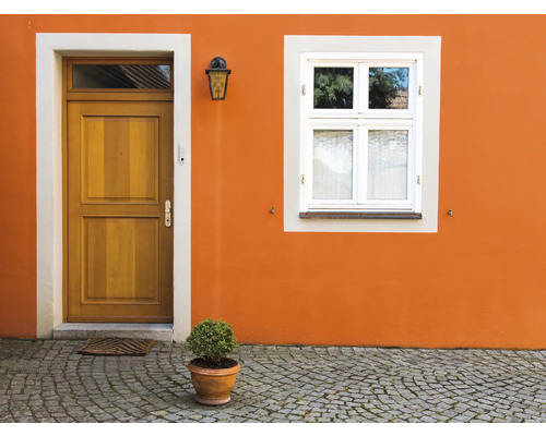 Façade d''une maison avec porte en bois et fenêtre