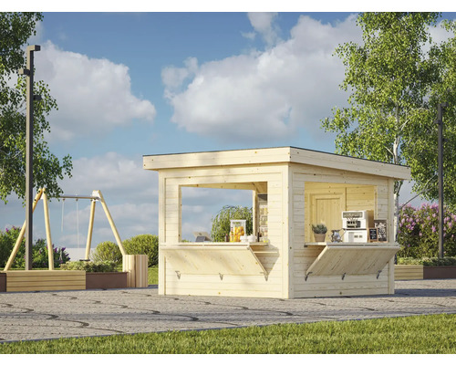 Stand de marché Palmako Lenna 8,3 m² Set 306 300 x 300 cm imprégné par immersion Stand de vente en bois à l''extérieur avec volets ouverts et articles à vendre