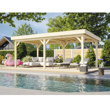 Pavillon de jardin en bois avec mobilier de jardin et piscine