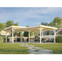 Pavillon de jardin carré en bois avec coin barbecue et coin salon.