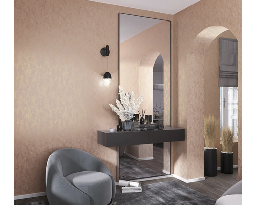 Exemple d''aménagement d''une pièce avec miroir, console, décorations et siège.