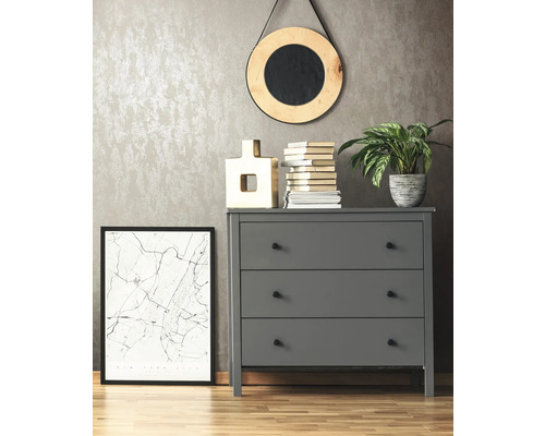 Scène avec commode grise, miroir rond, plante, livres et image encadrée