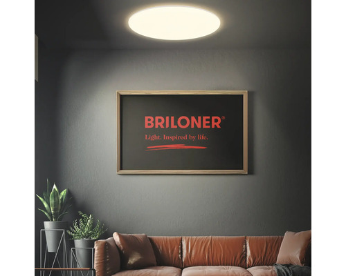 Scène avec un plafonnier rond, une photo avec le logo Briloner et un canapé.