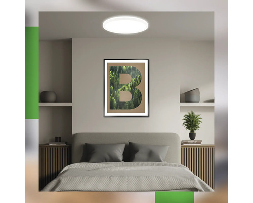 Schlafzimmer mit Doppelbett, Nachttischen, Wandregalen, runder Deckenleuchte und einem gerahmten Poster mit dem Buchstaben B.