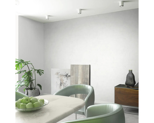 Helles Esszimmer mit Esstisch, Stühlen, Kommode, Pflanzen und Deckenspots