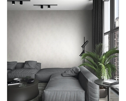 Salon avec canapé gris, lampadaire, plante d''intérieur et plafonniers.