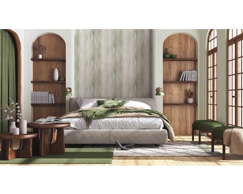 Chambre à coucher avec lit, étagères en bois et éléments décoratifs.