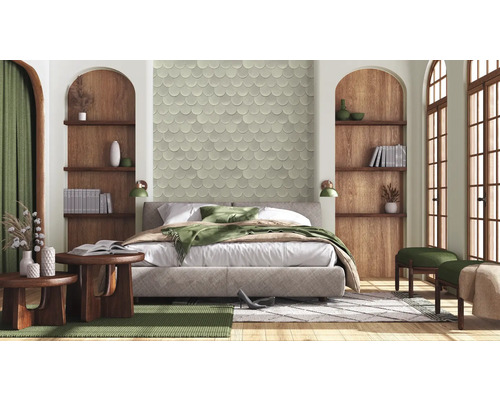 Chambre lumineuse avec lit, étagères en bois, fenêtres et éléments décoratifs.