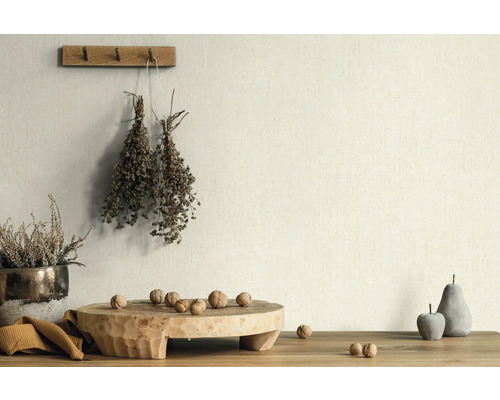 Scène décorative avec plantes, noix et objets en bois sur une table devant un mur