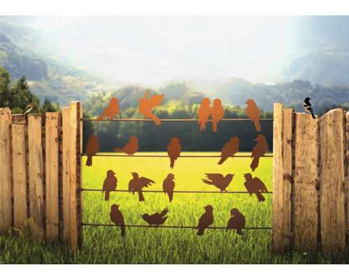 Silhouettes d''oiseaux décoratives sur une clôture devant un paysage verdoyant.