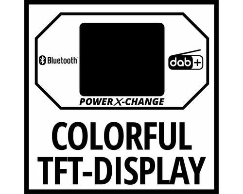 Symbole Bluetooth, symbole DAB+, indication Power X-Change et écran TFT couleur