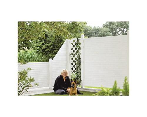 Frau und Hund vor einem weißen Gartenzaun mit Rankgitter.