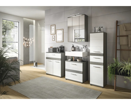 Salle de bain moderne avec lavabo, armoire de toilette et armoires supplémentaires pour le rangement