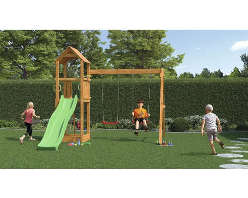 Aire de jeux avec toboggan et balançoire dans le jardin avec des enfants.