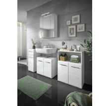 Salle de bains avec lavabo blanc, armoire de toilette et meubles bas assortis.