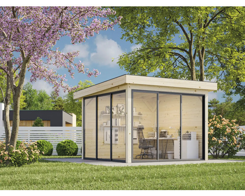 Pavillon Palmako Lenna Slide 8,3 m² Set 401 300 x 300 cm imprégné par immersion Bureau de jardin moderne avec façade en verre et revêtement en bois dans le jardin.