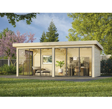 Abri de jardin moderne avec façade en verre, aménagé en bureau et espace de détente
