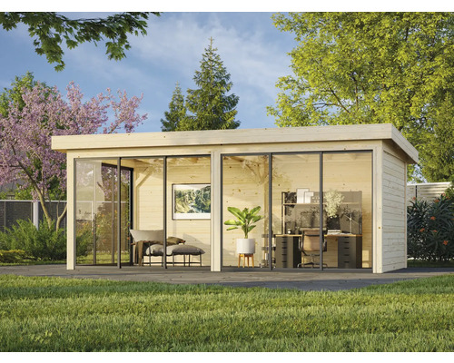 Abri de jardin moderne avec façade en verre, aménagé en bureau et espace de détente