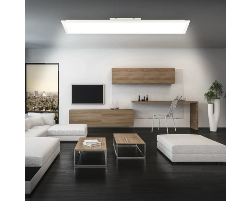 Modernes Wohnzimmer mit rechteckiger Deckenleuchte.