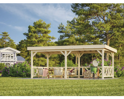 Pavillon Palmako Lenna 16,6 m² Set 307 y compris garde-corps 588 x 300 cm imprégné par immersion Pergola en bois clair avec mobilier de jardin et barbecue dans le jardin