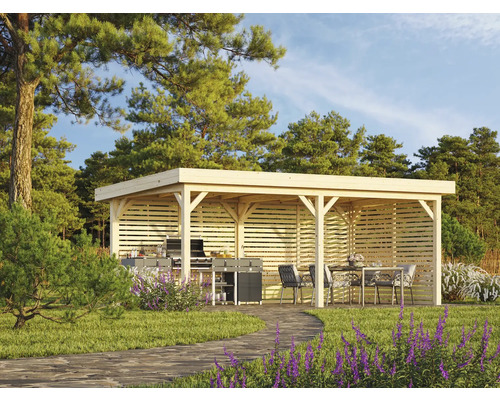 Pavillon Palmako Lenna 16,6 m² Set 309 y compris parois à lamelles 588 x 300 cm imprégné par immersion Pavillon de jardin en bois autoportant avec barbecue, table et chaises dans un jardin.