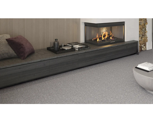 Salon avec cheminée, décoration et moquette grise.